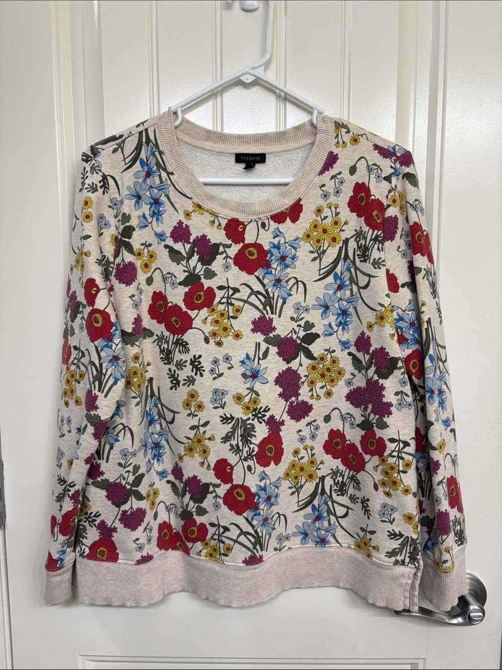 Talbots Cream Floral Crewneck Sweater with Red, Blue & Purple Blooms